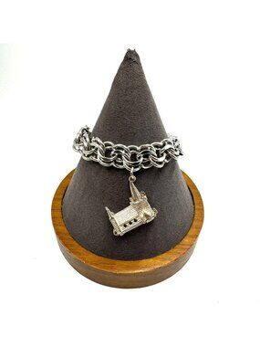 Sterling Silver 925 Heavy Three Dimensional Church Charm Bracelet Size 7" Length